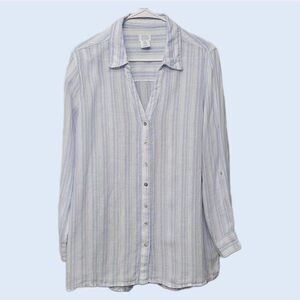 Sigrid Olsen 100%‎ Linen Shirt 1X Blue White Stripe Button Up Oversized Slouchy